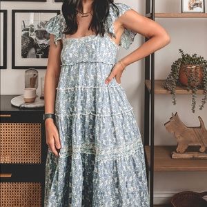 Red Dress Blue and White Floral Maxi